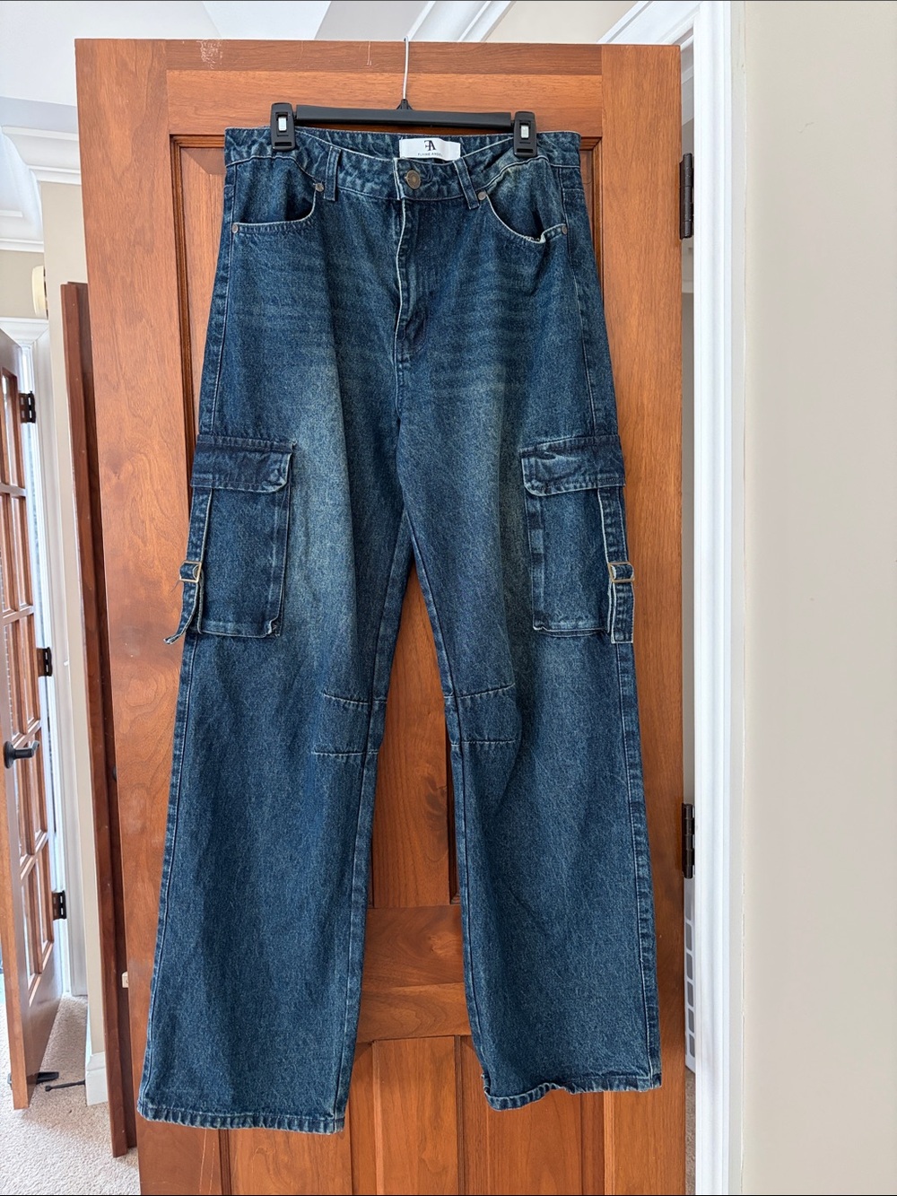 Women’s Dark Blue Cargo Denim Jeans - Relaxed Wide Leg